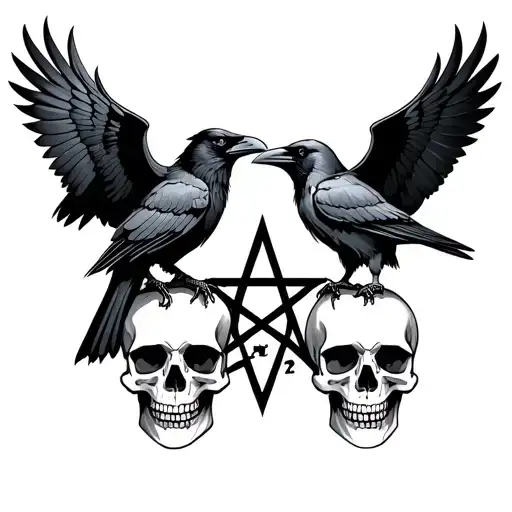 two ravens perched on skulls opposite eachother with pentagram inbetween tattoo design idea