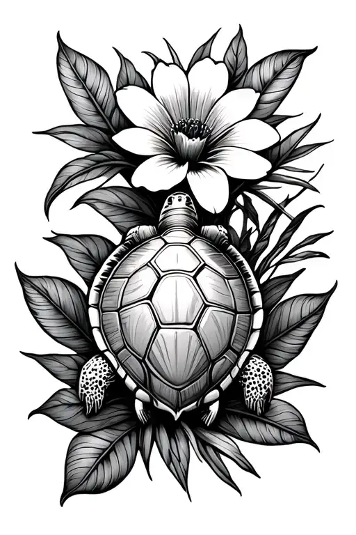 flowers, palm, turtle, shell tattoo design idea