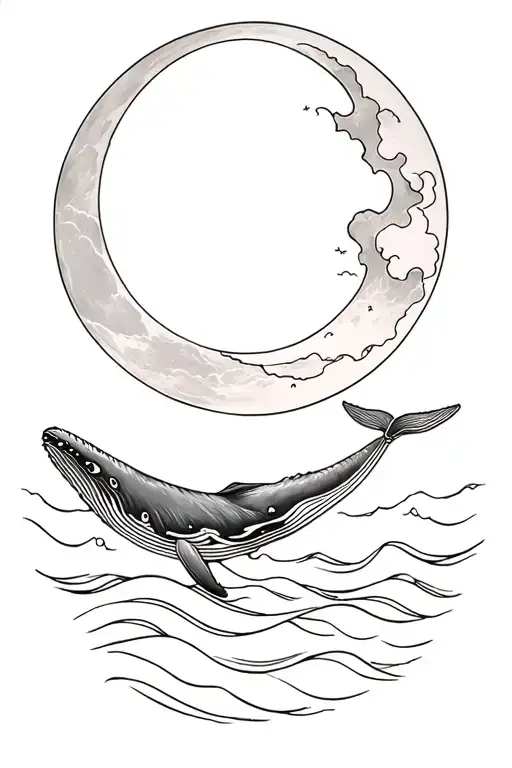 humpback whale, moon, waves crashing tattoo design idea