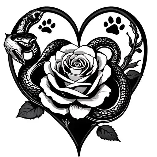a heart outline with a rose, paw print and a snake tattoo design idea