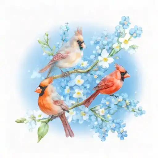 cardinal, forget me nots and baby's breath tattoo design idea