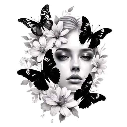 half of womans face butterflies flowers $ strength  tattoo design idea