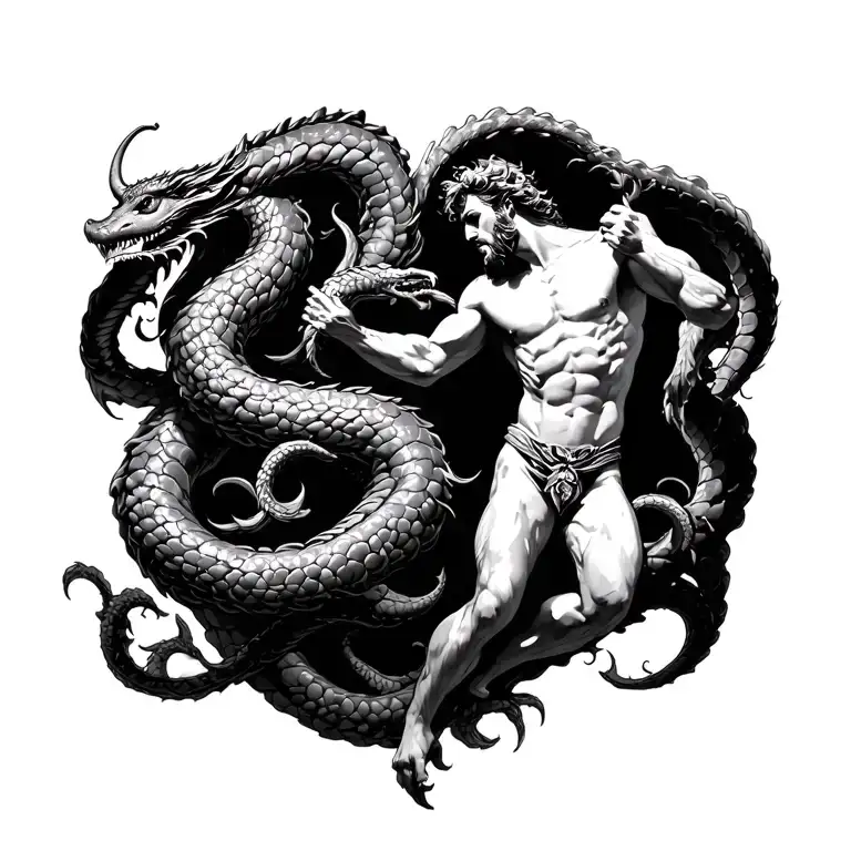 Poseidon fighting hydra entangled tattoo design idea