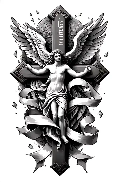 christian cross with angel with ribbons floating and the words 1 Corinthians 16:14 tattoo design idea