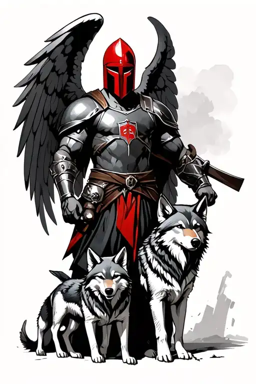 A spartan with red helmet and an angel standing behind him on the left with 2 wolf pups next to her tattoo design idea