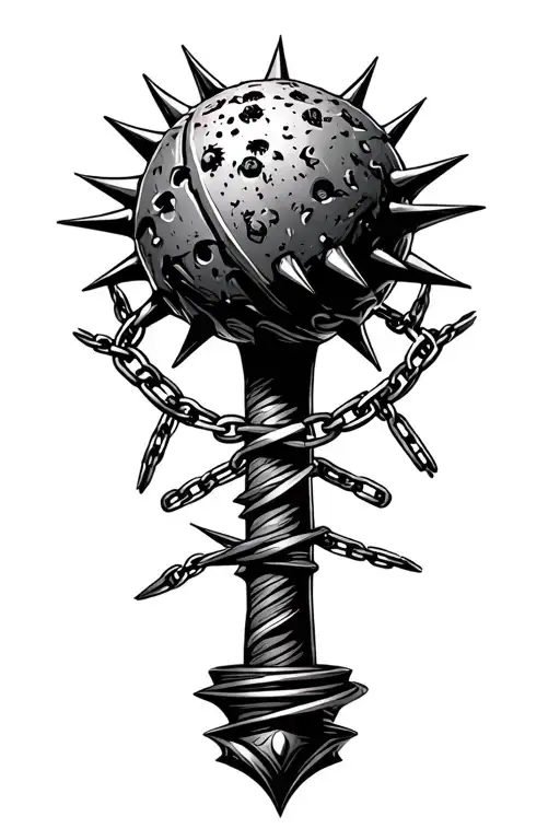 flail spiked ball on chain with yarrow around it tattoo design idea