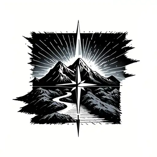 a compass with a crooked but straight pathway leading up to a mountain that had radiating light coming from behind it.   tattoo design idea