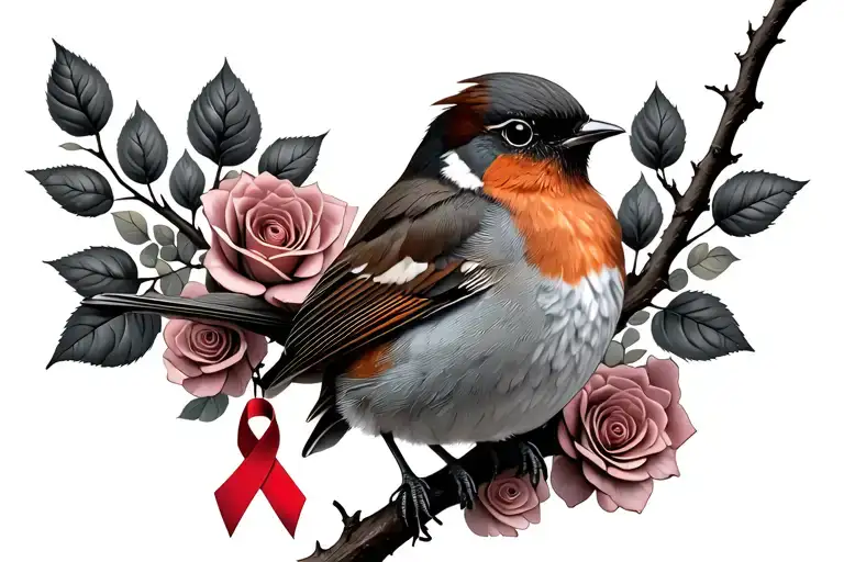 Colored Robin sitting on branch with roses around it with a cancer ribbon hanging on the branch tattoo design idea