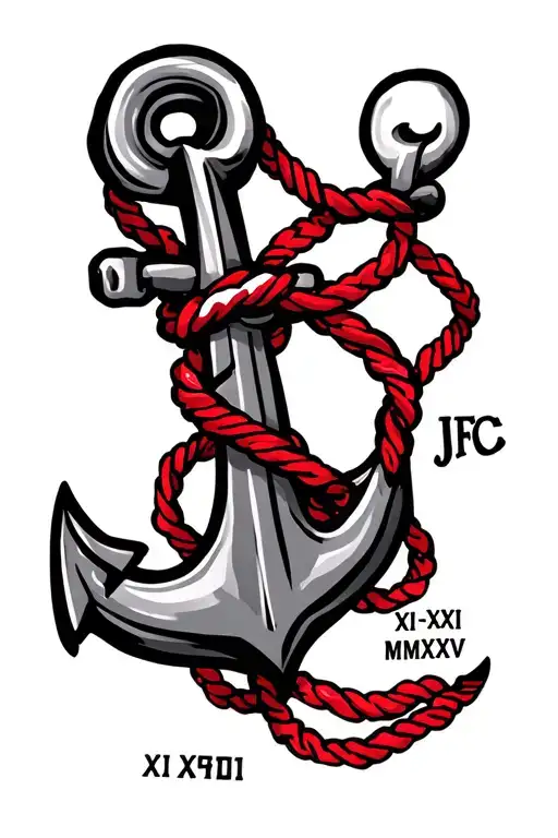 anchor on the side wrist with a red string connecting to the ring finger with initials JFC and date XI-XXI-MMXXV tattoo  tattoo design idea