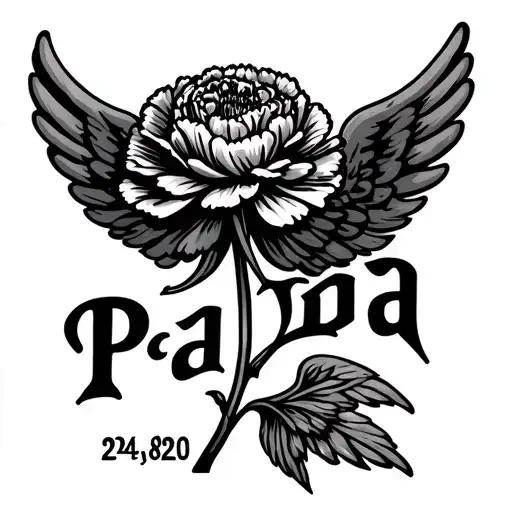 carnation with the word papa as the stem and angel wing with the number 24,820 beside it  tattoo design idea