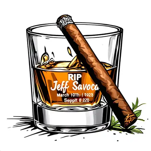 I WANT A whiskey glass with engraved RIP Jeff Savoca March 10th 1974-Sept 8th 2025 on it with a cigar next to it tattoo design idea