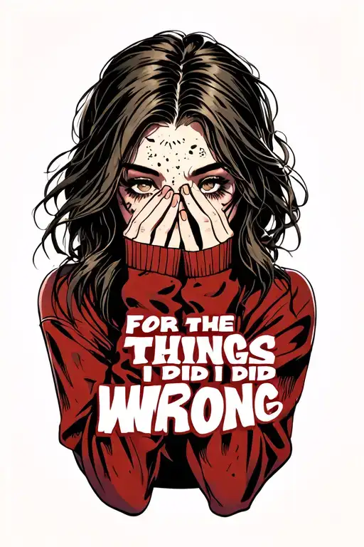 a scruffy girl with clear skin covering her mouth with her hands. Text is very bold saying "For the things I did wrong" tattoo design idea