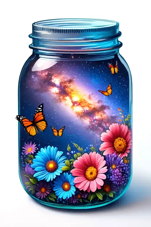 Milky Way Galaxy with solar system inside of a mason jar with flowers and butterflies  tattoo design idea