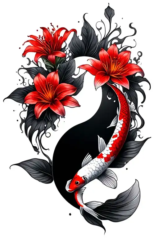 koi fish yin yang smokey shadow style with red spider lilies  tattoo design idea
