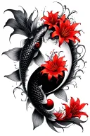 koi fish yin yang smokey shadow style with red spider lilies  tattoo design idea