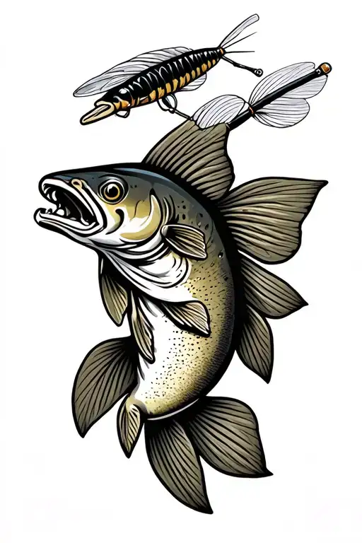 brook trout with fly fishing lure tattoo design idea