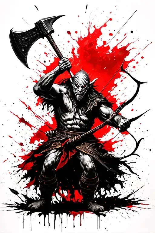 masked troll throwing axe battle scene with elven archer tattoo design idea