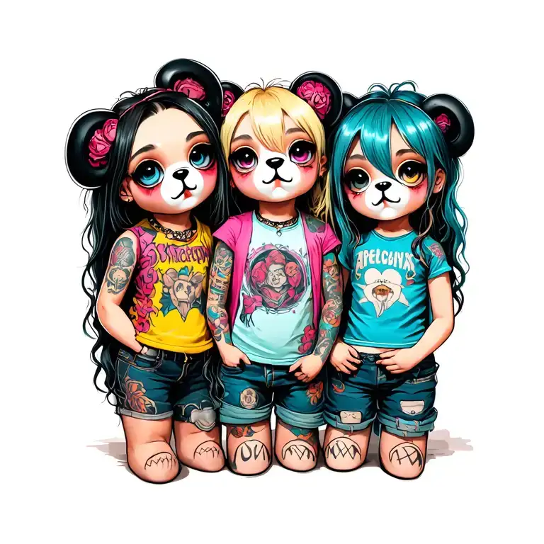 3 teenage punk rock teddy bears 2 girls and one boy  tattoo design idea
