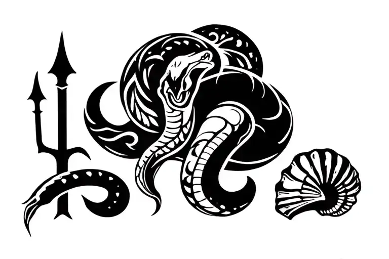 trident, snake, damru along with conch shell tattoo design idea