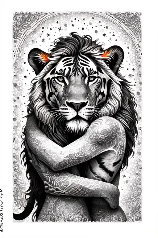 lion hugs tigress symbolizing the client's love tattoo design idea