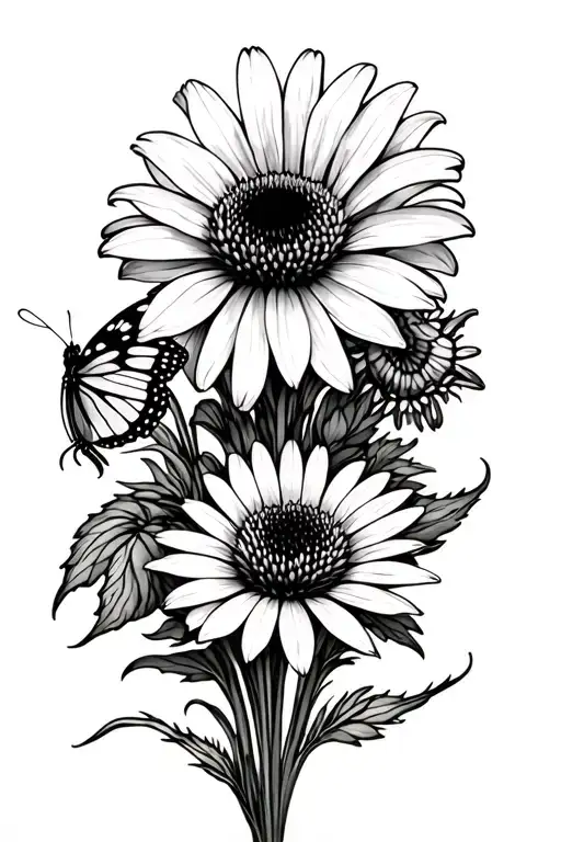 echinacea wildflower bouquet with butterfly tattoo design idea