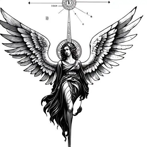 fallen angel sundial in linear surrounded tattoo design idea