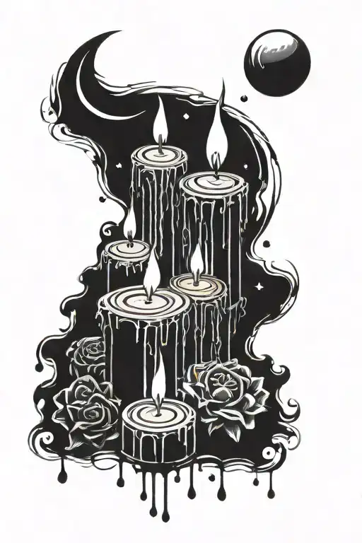 4 gothic candles and moon surrounded tattoo design idea