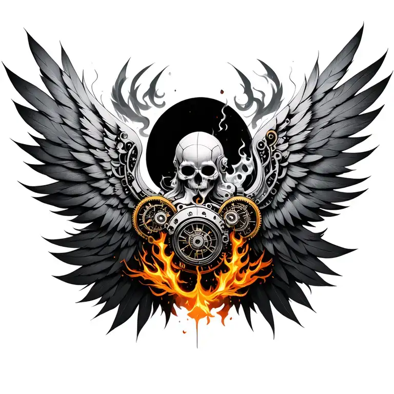 wings from the center, half-machine, half-magic: clockwork feathers melding into flame and smoke. tattoo design idea