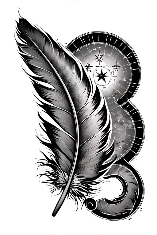 feather nautical star map surrounded tattoo design idea
