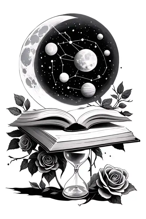 book opening up to a full moon with Gemini constellation, time hour glass, roses, and planets tattoo design idea