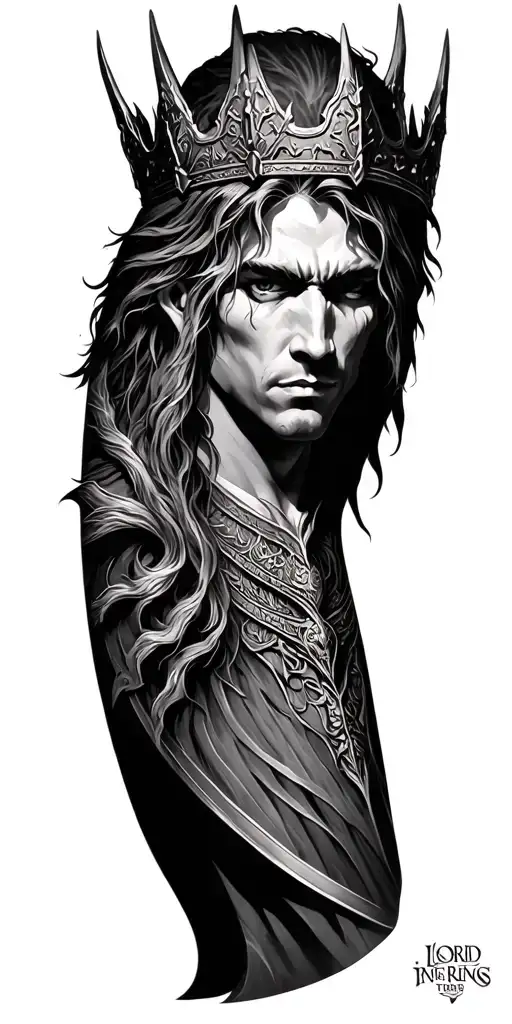 silmarilian and lord of the rings full sleeve with Morgoth's crown wrapped around the shoulder tattoo design idea