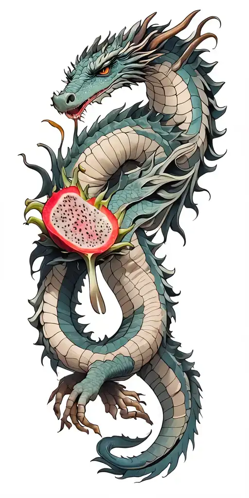 single dragon wrapping around arm with dragonfruit tattoo design idea