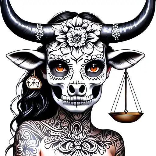 woman body bull with sugar skull markings, brown eyes and two Libra scales with extra dark background tattoo design idea