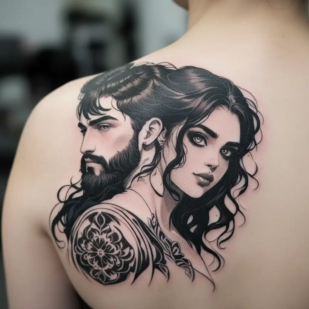Stylized neo traditional green eyed mysterious woman with flowing blackhair and her cute bf with beard and man-bun hd tattoo design idea