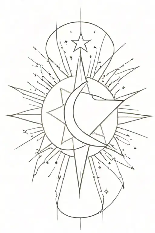 simple linear sun. underneath it, a linear crescent moon. underneath that, a four point star. all separate, not overlap. tattoo design idea