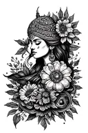 Give me a image of tatto for designs of traveller, spiritual, humanitarian, foodie, hustler in black ink for half sleeve tattoo design idea