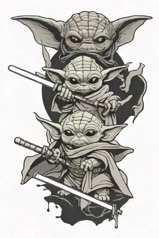 baby yoda and baby dragon hovering over a light saber and a sword crossed tattoo design idea
