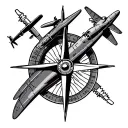 Light aircraft, motor boat and compass rose intertwined tattoo design idea