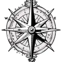 Light aircraft, motor boat and compass rose intertwined tattoo design idea