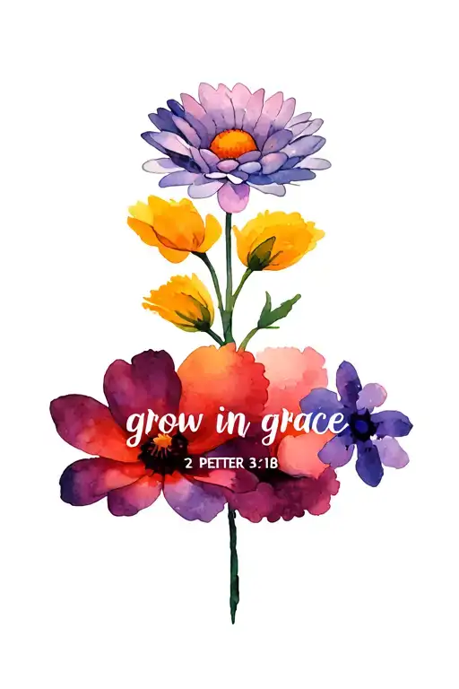 says "grow in grace - 2 peter 3:18" that includes a chrysanthemum, a daffodil, a marigold, and a violet tattoo design idea