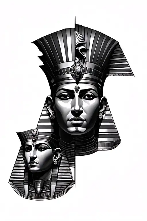 pharaoh face split in half with another face in the middle with 1of1 at the top tattoo design idea