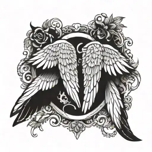 “Damontae 02/27/1992 and under that Willie Mae 06/10/1942” inside a pair of wings with a halo on top of the names and wi tattoo design idea