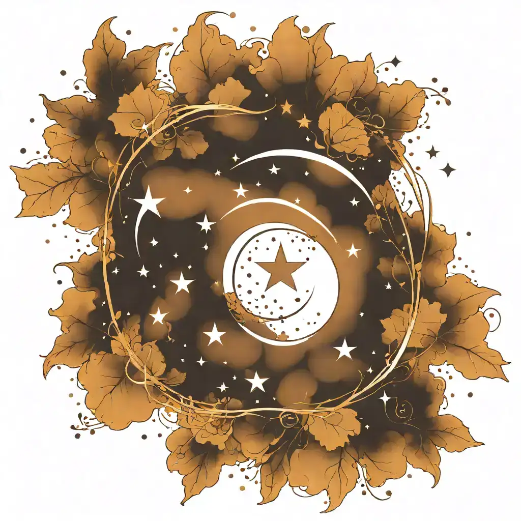 Design a minimalist wrist tattoo featuring a crescent moon and celestial elements. The tattoo showcases a small crescent moon in the center with a subtle gradient shadow effect, accompanied by a delicate star above the moon. Small dots are placed symmetrically above and below the moon, creating a balanced and harmonious composition. The tattoo is placed on the inner wrist, with clean and fine black ink lines that give it an ethereal, mystical look. The overall style is simple yet elegant, evoking a celestial and spiritual vibe tattoo design idea