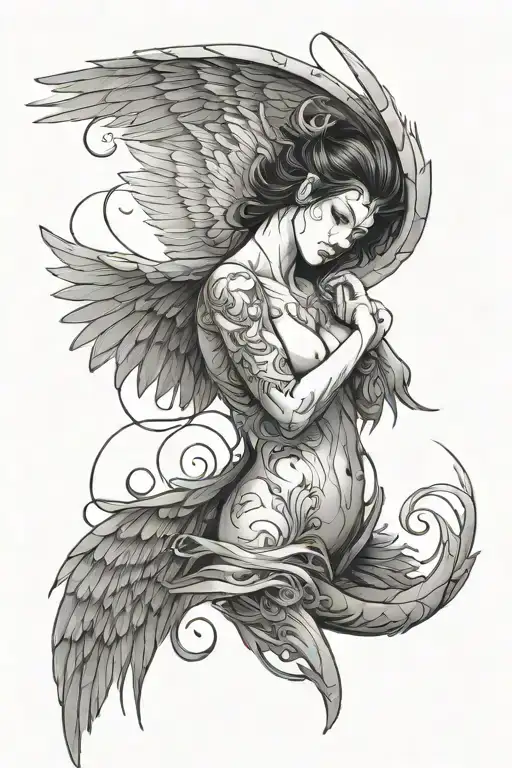 Half demon, half angel both with wings and with touch of Japanese style tattoo design idea