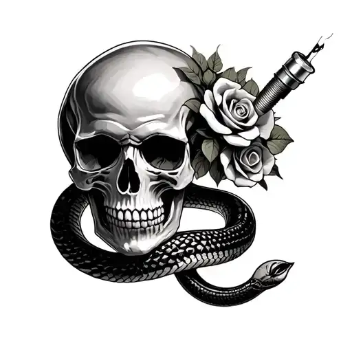 make a skull with a spark plug stuck in the top and wrapped in a snake, decorated with roses tattoo design idea