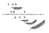 Morse code SB NB EB OB. Dots should be tiny doves filled with ink, dash should be feathers. horizontal layout. minimal. tattoo design idea