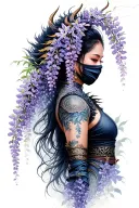 wisteria flowers cascading down side profile female ninja warrior and dragon tattoo design idea