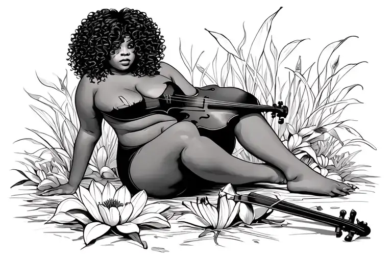 black plus size woman sitting on a lily with a broken violin on the ground woman has curly hair that covers her eyes tattoo design idea