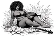 black plus size woman sitting on a lily with a broken violin on the ground woman has curly hair that covers her eyes tattoo design idea