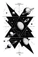 A rectangle to the size of the forearm, which is divided into 10 triangles, in each triangle you need to portray planets tattoo design idea